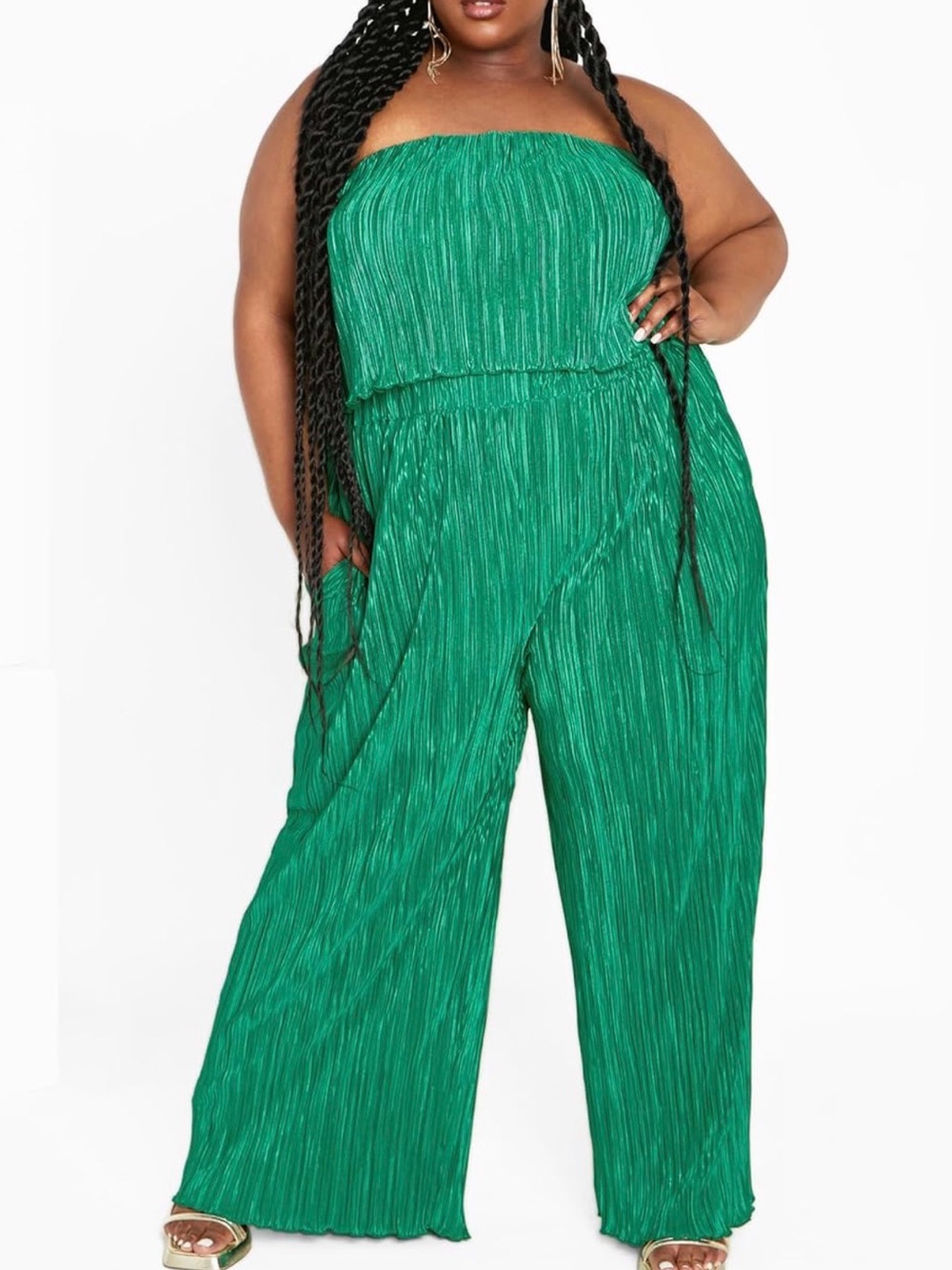 City Chic Emerald Green Strapless Pleated Wide-Leg Jumpsuit